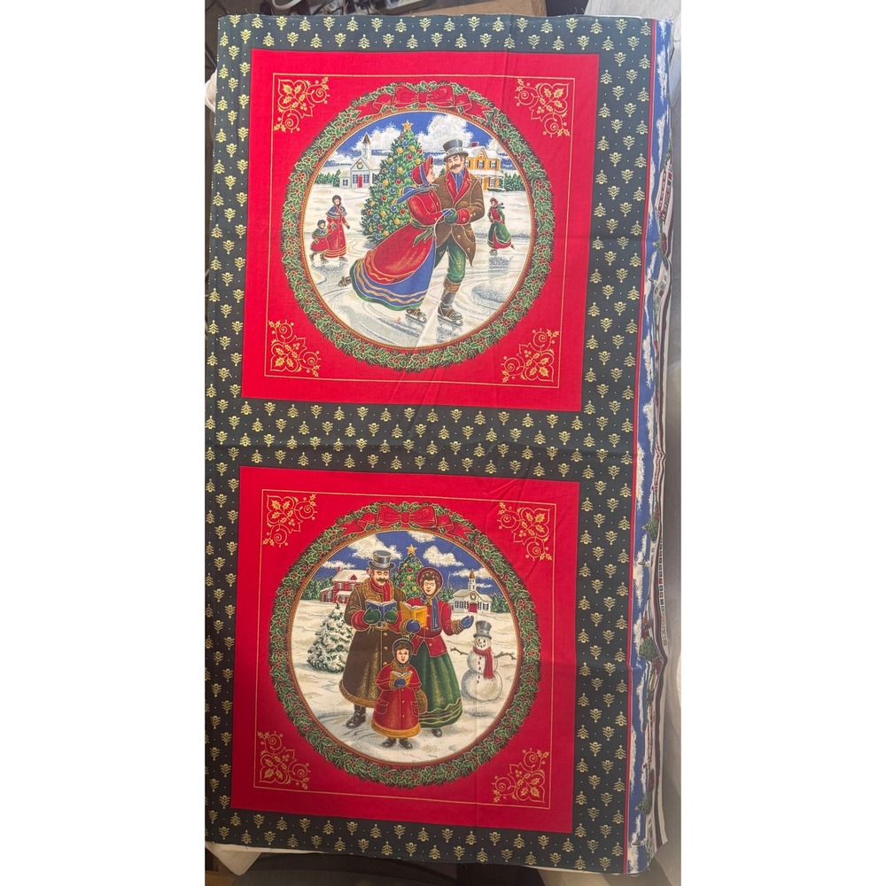 Cranston Print Works Fabric Panel 35x41 Red Victorian Christmas Carolers Skating